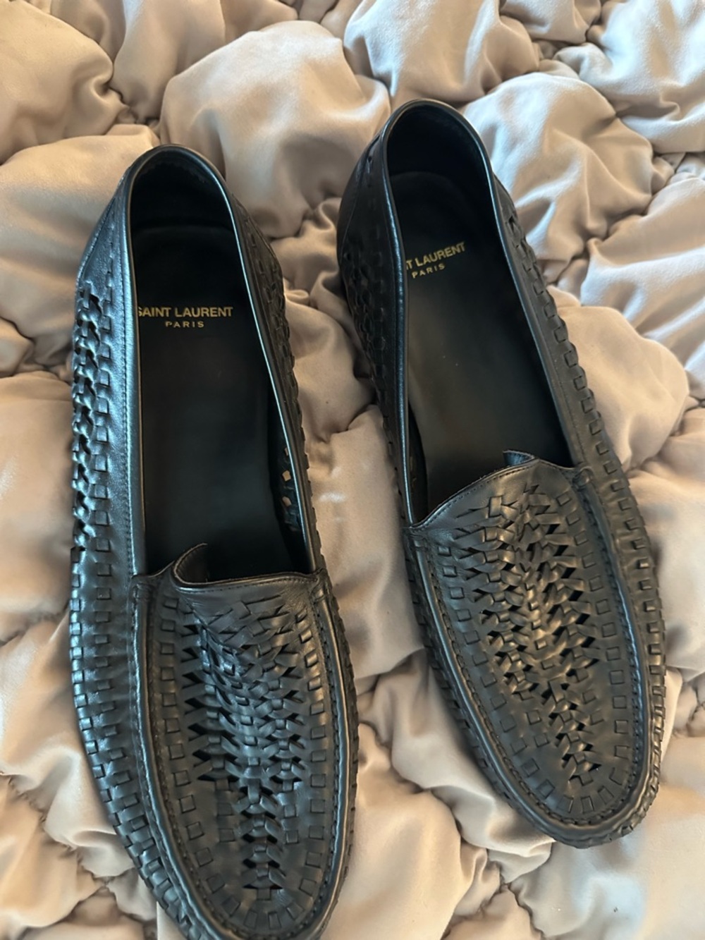 Saint Laurent Black Woven Leather Slip-On Loafers